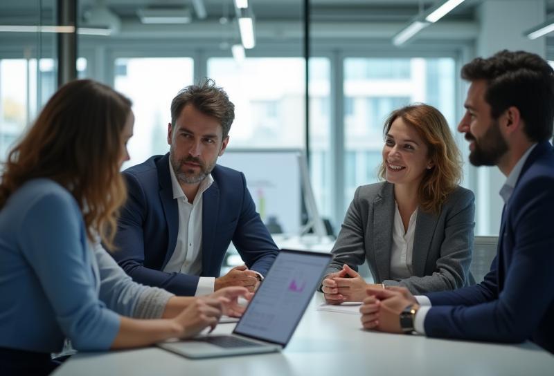 Professionals discussing data or technology in a modern office setting